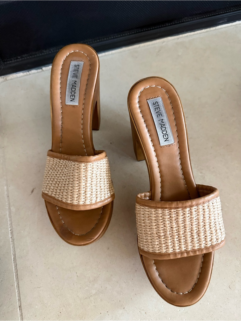 Steve Madden Tan Raffia Band Block Heel Slides